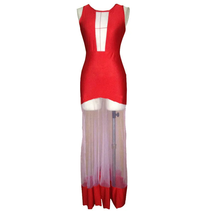 2016 Fashion Celebrity Women Sexy Red Long Dress Summer Sleeveless Hollow Mesh Dress Big Swing Bodycon Party Maxi Dress S/M/L SM