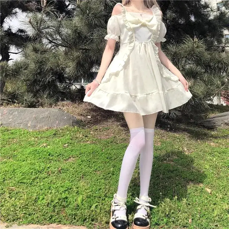 Almond Lilly Kawaii Princess Lolita Off-Shoulder Spring Bow Mini Dress