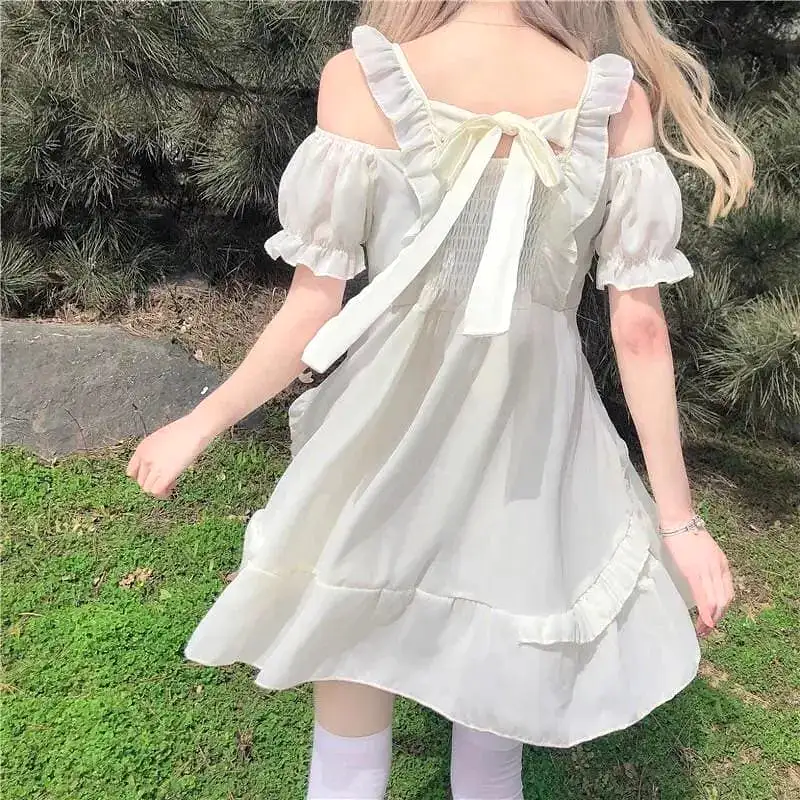 Almond Lilly Kawaii Princess Lolita Off-Shoulder Spring Bow Mini Dress