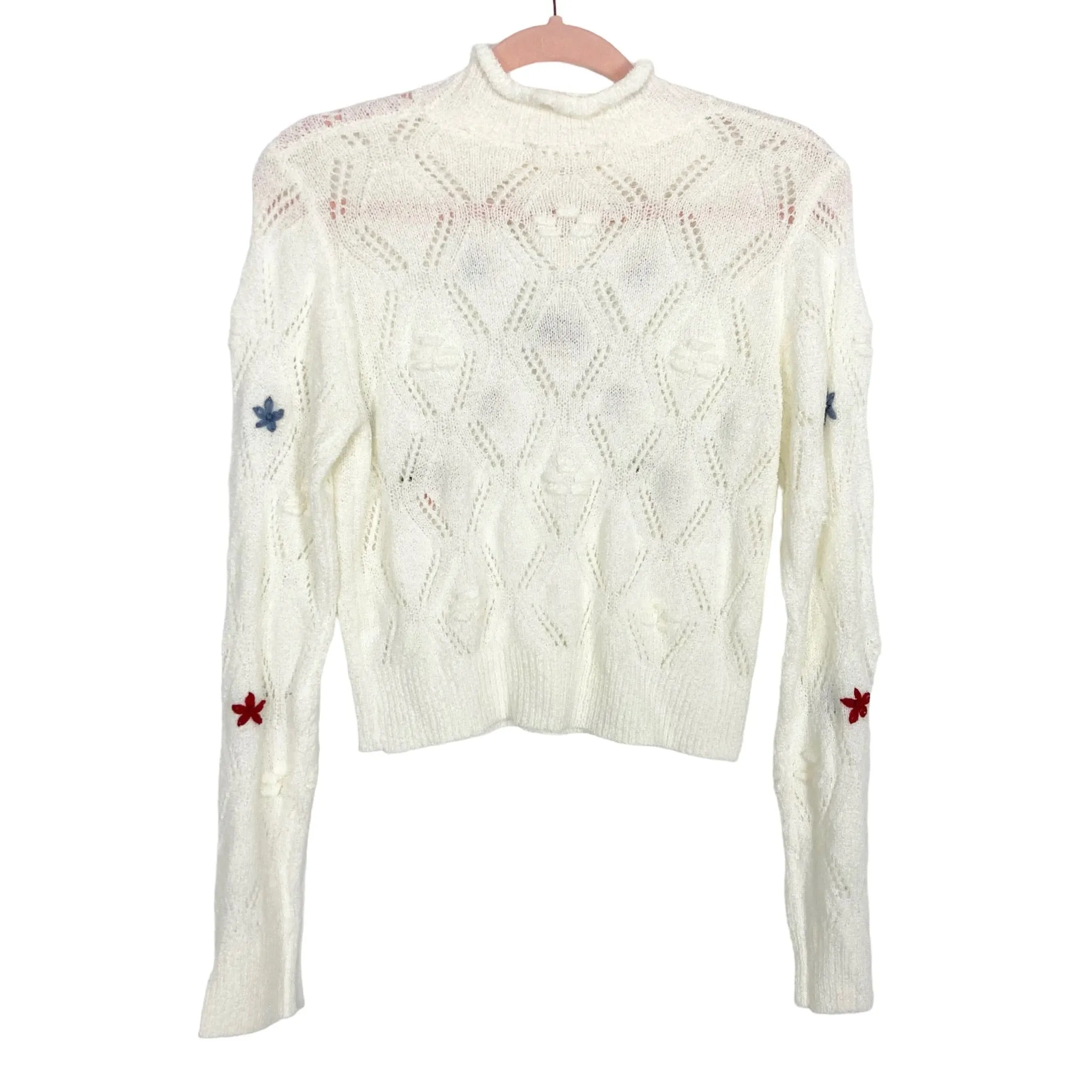 Altar'd State Cream Floral Open Knit Mock Neck Sweater- Size S