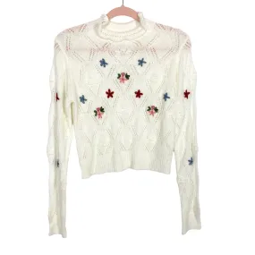 Altar'd State Cream Floral Open Knit Mock Neck Sweater- Size S