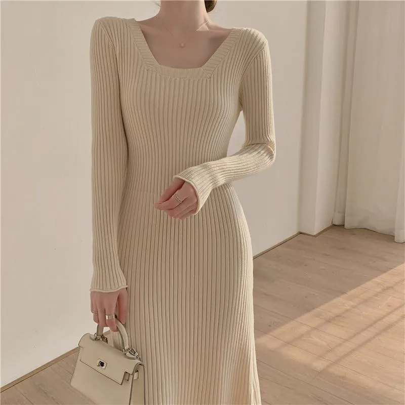 Autumn Winter Elegant Square Neck Long Sleeve Warm Ribbed Knitted Dress Sexy Bodycon Midi Dress