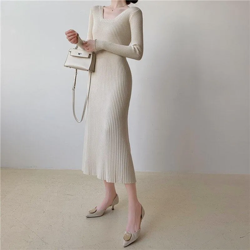 Autumn Winter Elegant Square Neck Long Sleeve Warm Ribbed Knitted Dress Sexy Bodycon Midi Dress