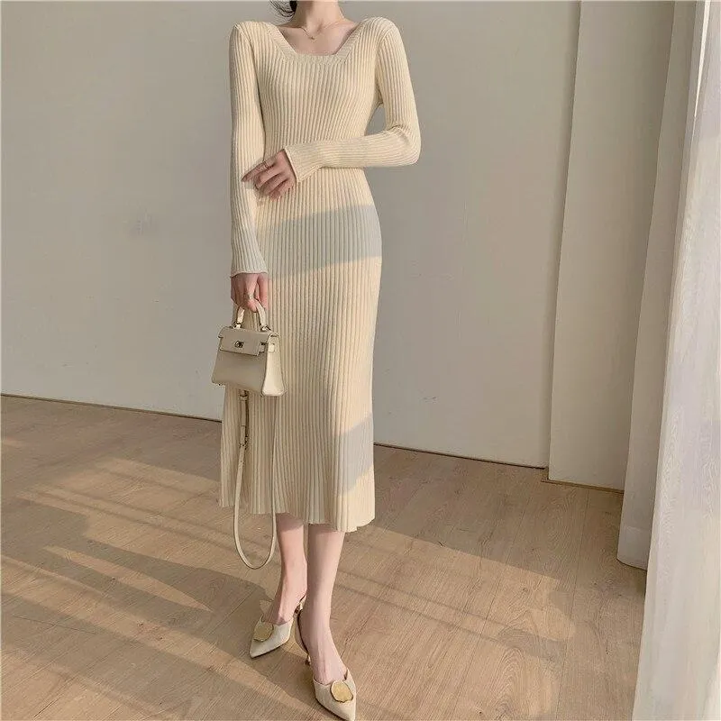 Autumn Winter Elegant Square Neck Long Sleeve Warm Ribbed Knitted Dress Sexy Bodycon Midi Dress