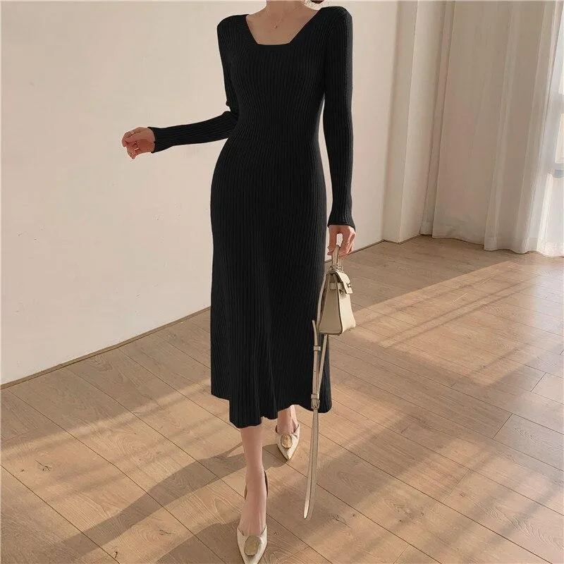 Autumn Winter Elegant Square Neck Long Sleeve Warm Ribbed Knitted Dress Sexy Bodycon Midi Dress