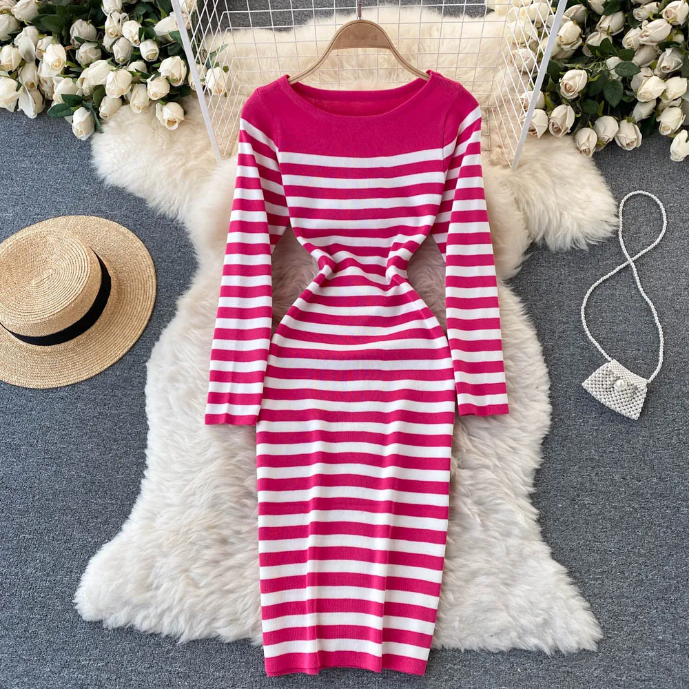 Autumn Winter Midi Round Neck Long Sleeve Elegant Striped Knitted Dress Sexy Bodycon Dress