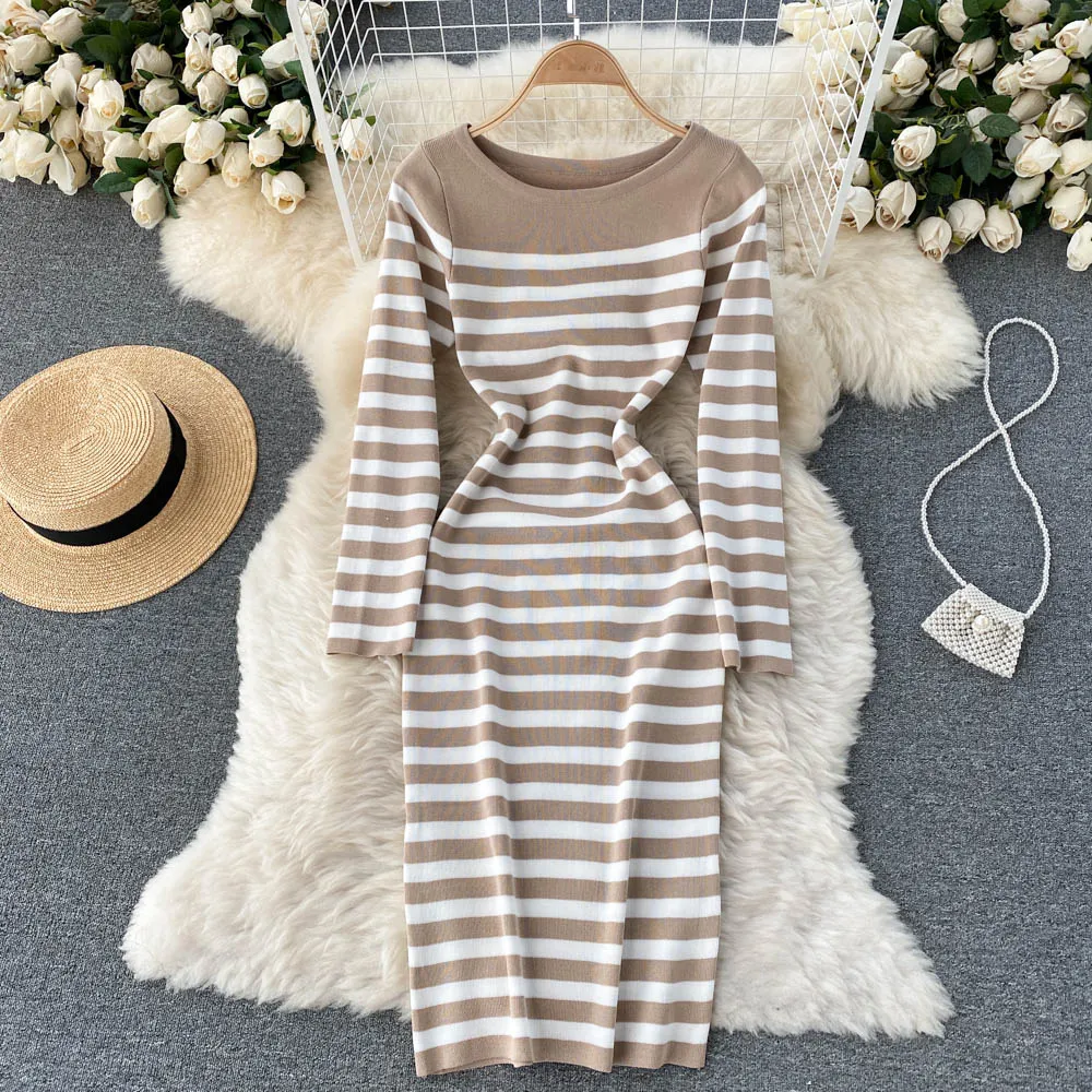 Autumn Winter Midi Round Neck Long Sleeve Elegant Striped Knitted Dress Sexy Bodycon Dress