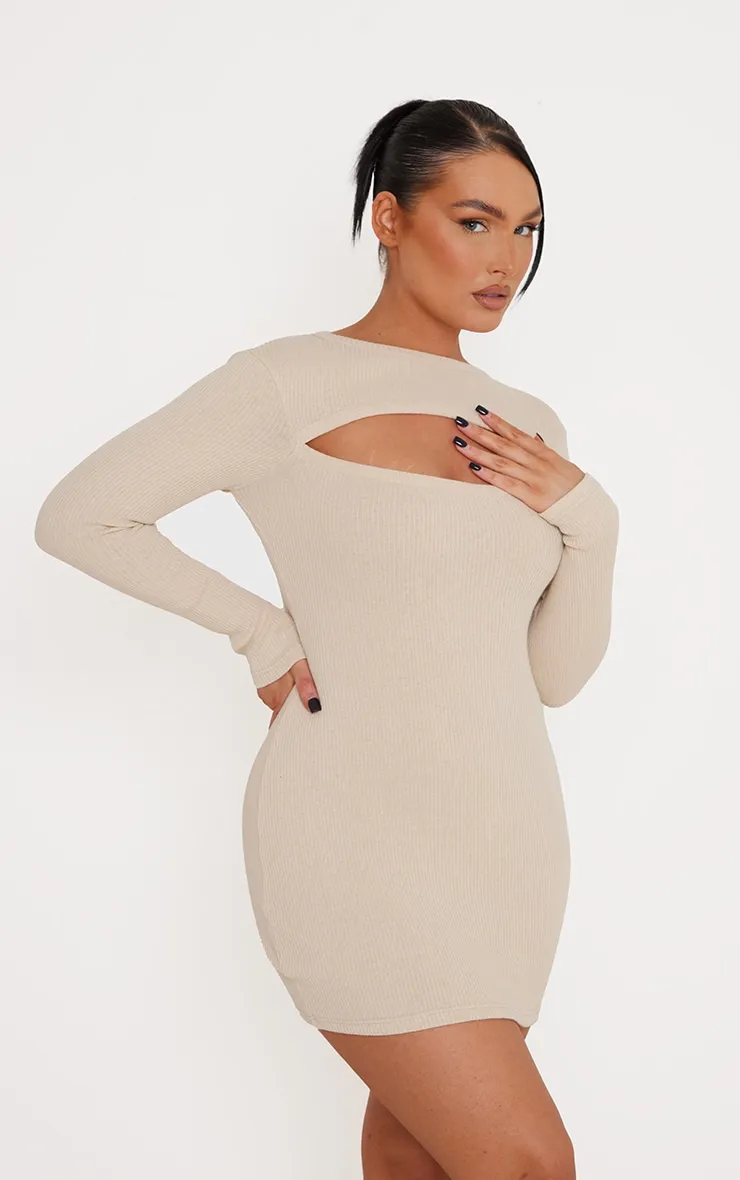 Beige Rib Cut Out Detail Long Sleeve Bodycon Dress