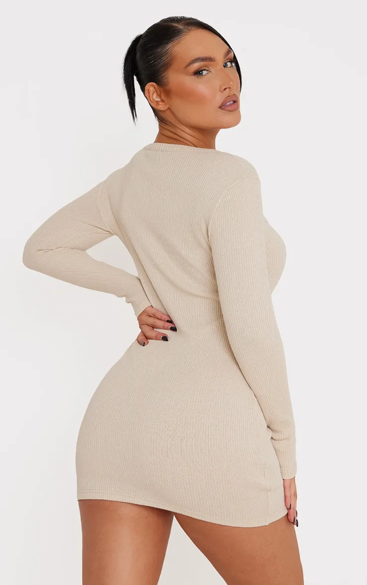 Beige Rib Cut Out Detail Long Sleeve Bodycon Dress