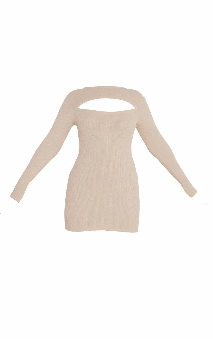 Beige Rib Cut Out Detail Long Sleeve Bodycon Dress