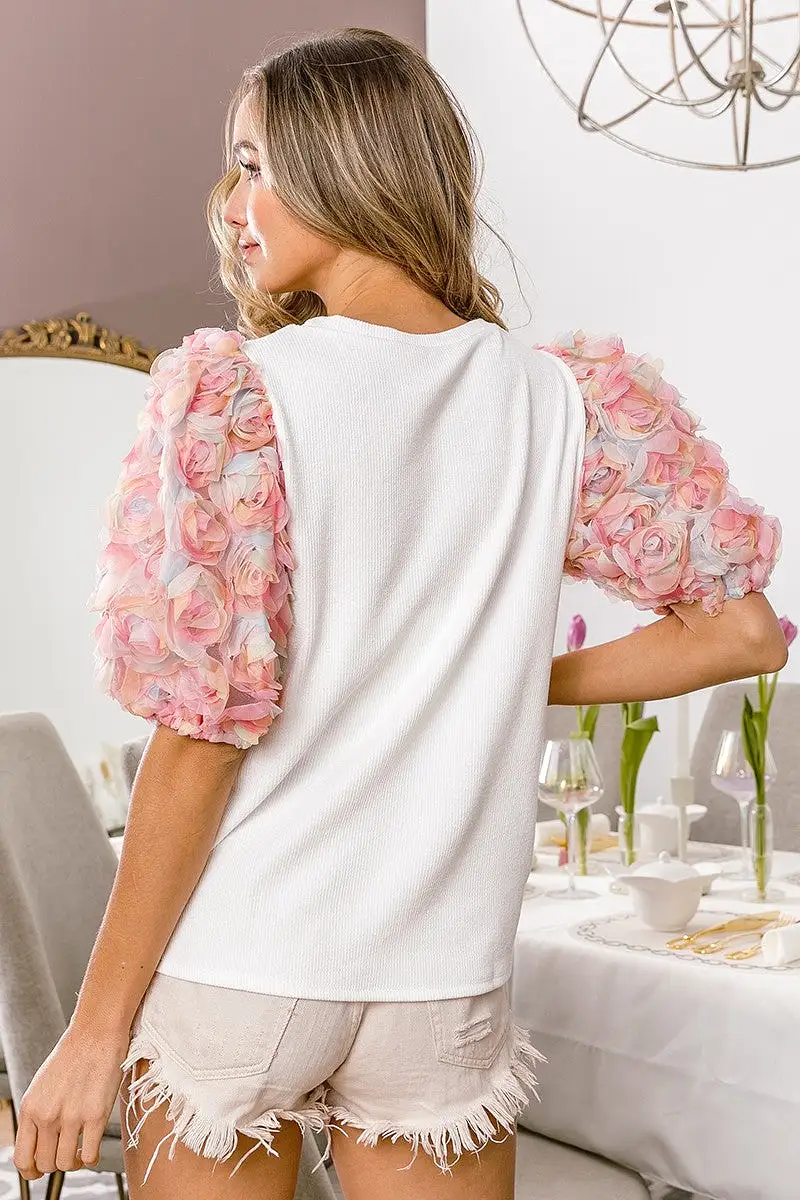 Bibi Floral Mesh Puff Sleeve Rib  Knit Top