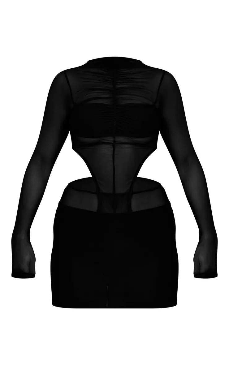 Black Mesh Cut Out Long Sleeve Bodycon Dress