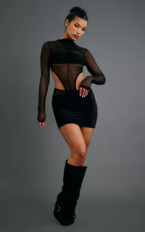 Black Mesh Cut Out Long Sleeve Bodycon Dress