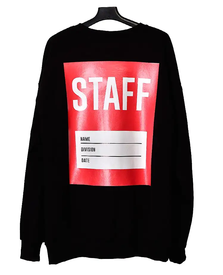 Black Staff Graphic Casual Long Sleeved Sweatshirts Mens Crewneck Tops Loose Fit Made in Korean Fashion Kpop Style