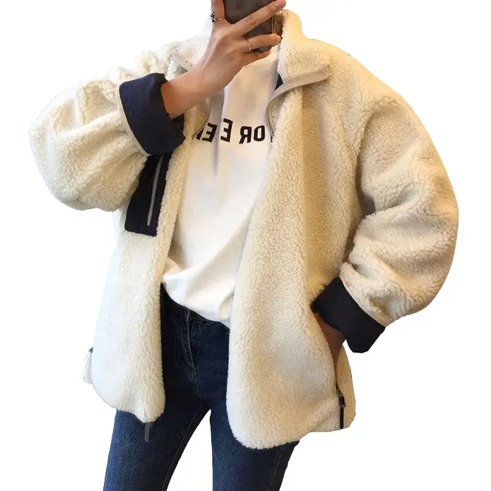 Black White Reversible Cute Shearling Jackets Womens Girls Korean Style Outerwear Winter Fleece Warm Loose Fit