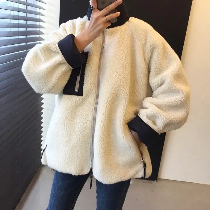 Black White Reversible Cute Shearling Jackets Womens Girls Korean Style Outerwear Winter Fleece Warm Loose Fit