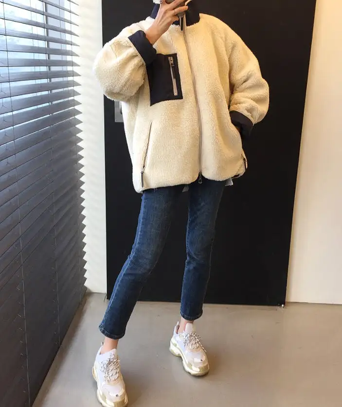 Black White Reversible Cute Shearling Jackets Womens Girls Korean Style Outerwear Winter Fleece Warm Loose Fit