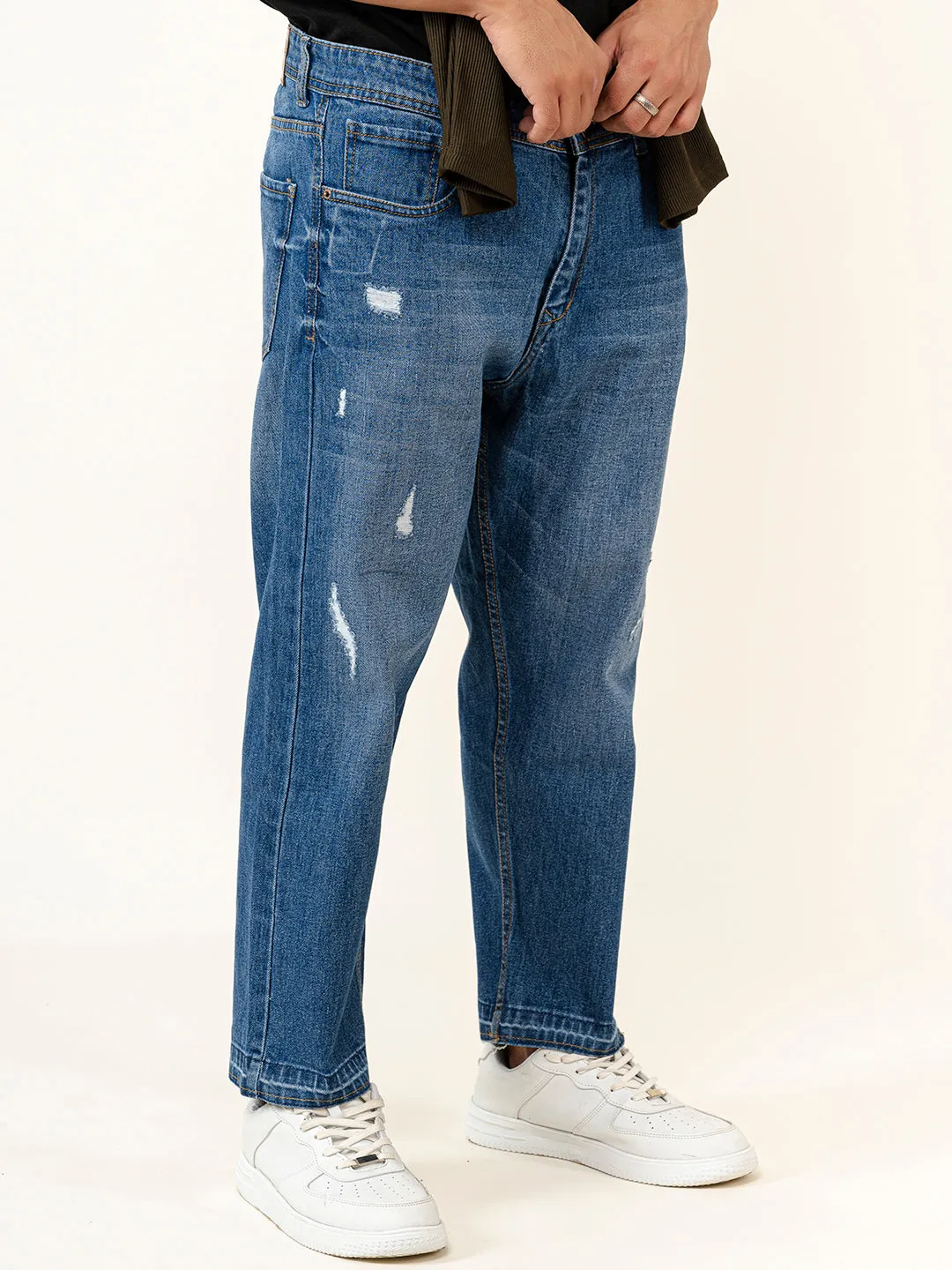 Blue Ripped Cropped Slim Fit Mens Jeans