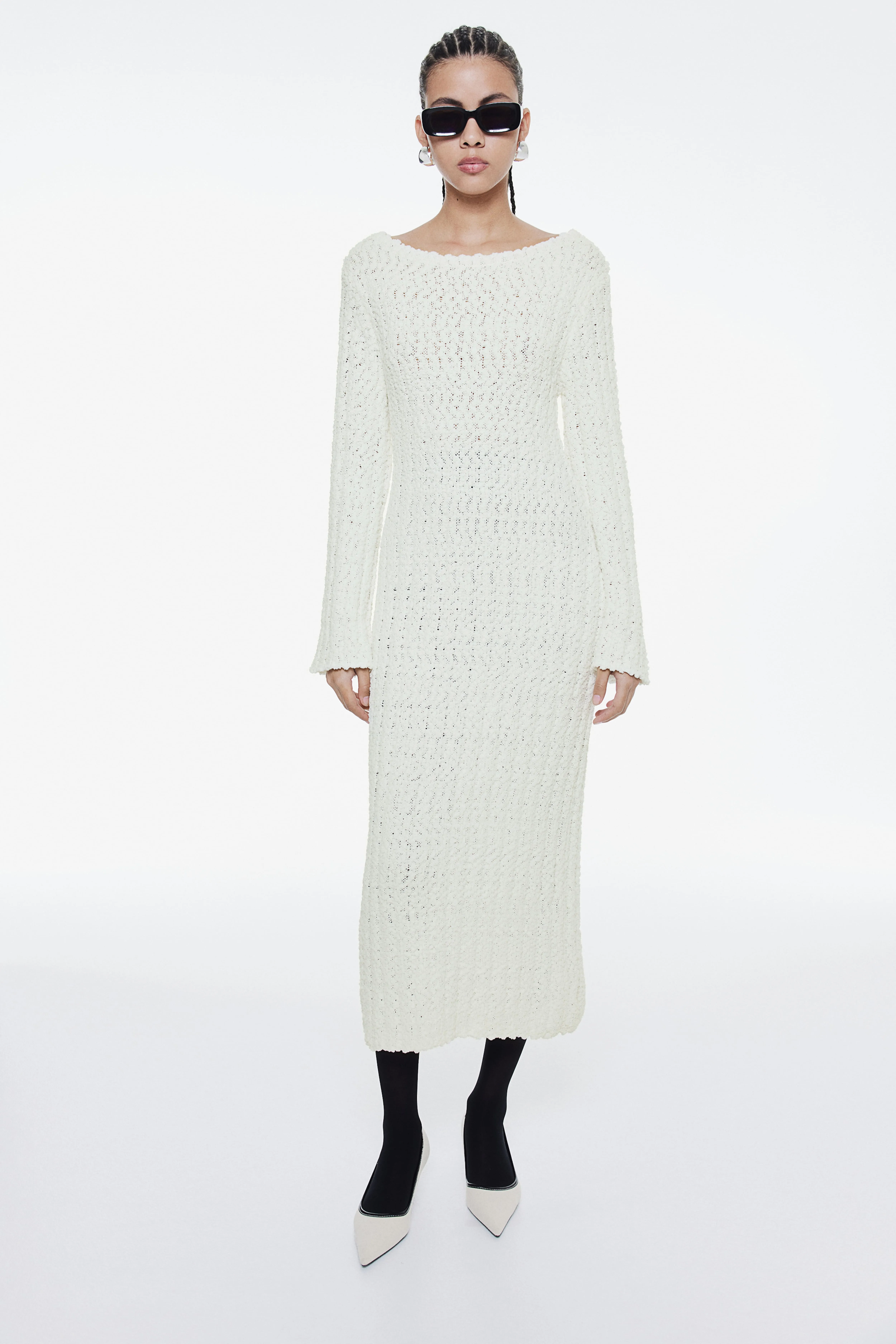 Bouclé-knit bodycon dress - Boat neck - Long sleeve - Cream - Ladies | H&M GB