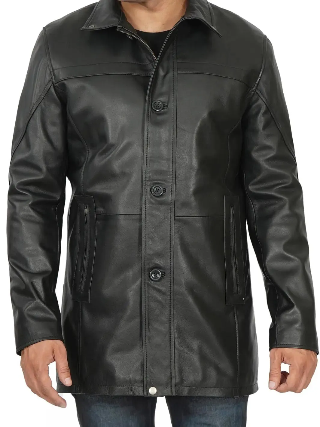 Bristol Mens Black Real Leather Car Coat