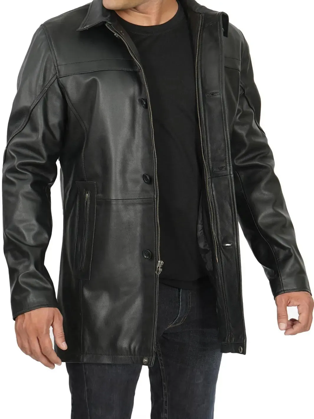 Bristol Mens Black Real Leather Car Coat