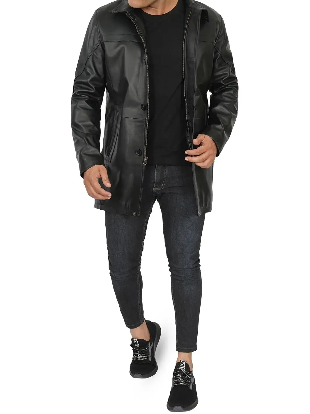 Bristol Mens Black Real Leather Car Coat