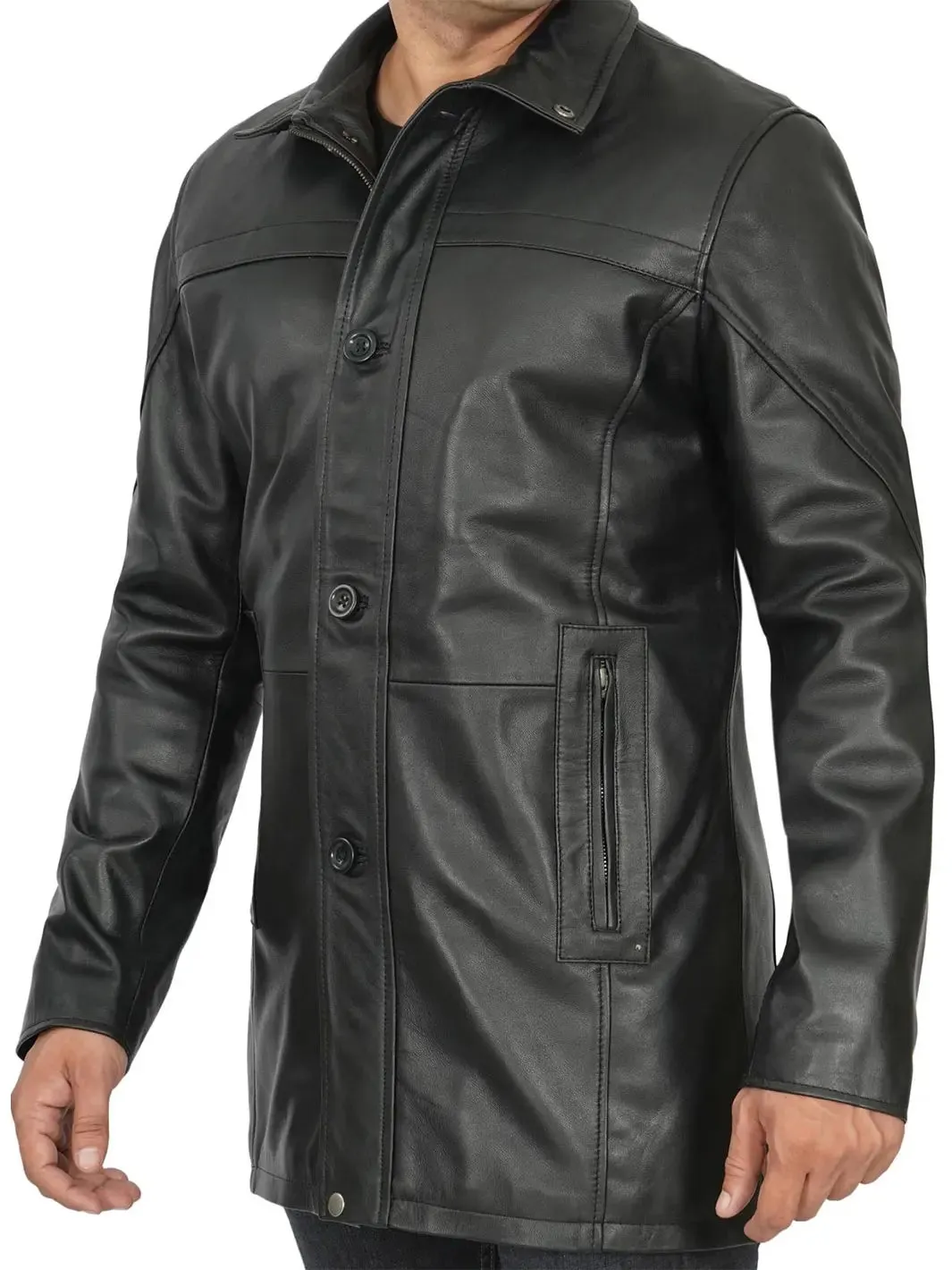 Bristol Mens Black Real Leather Car Coat