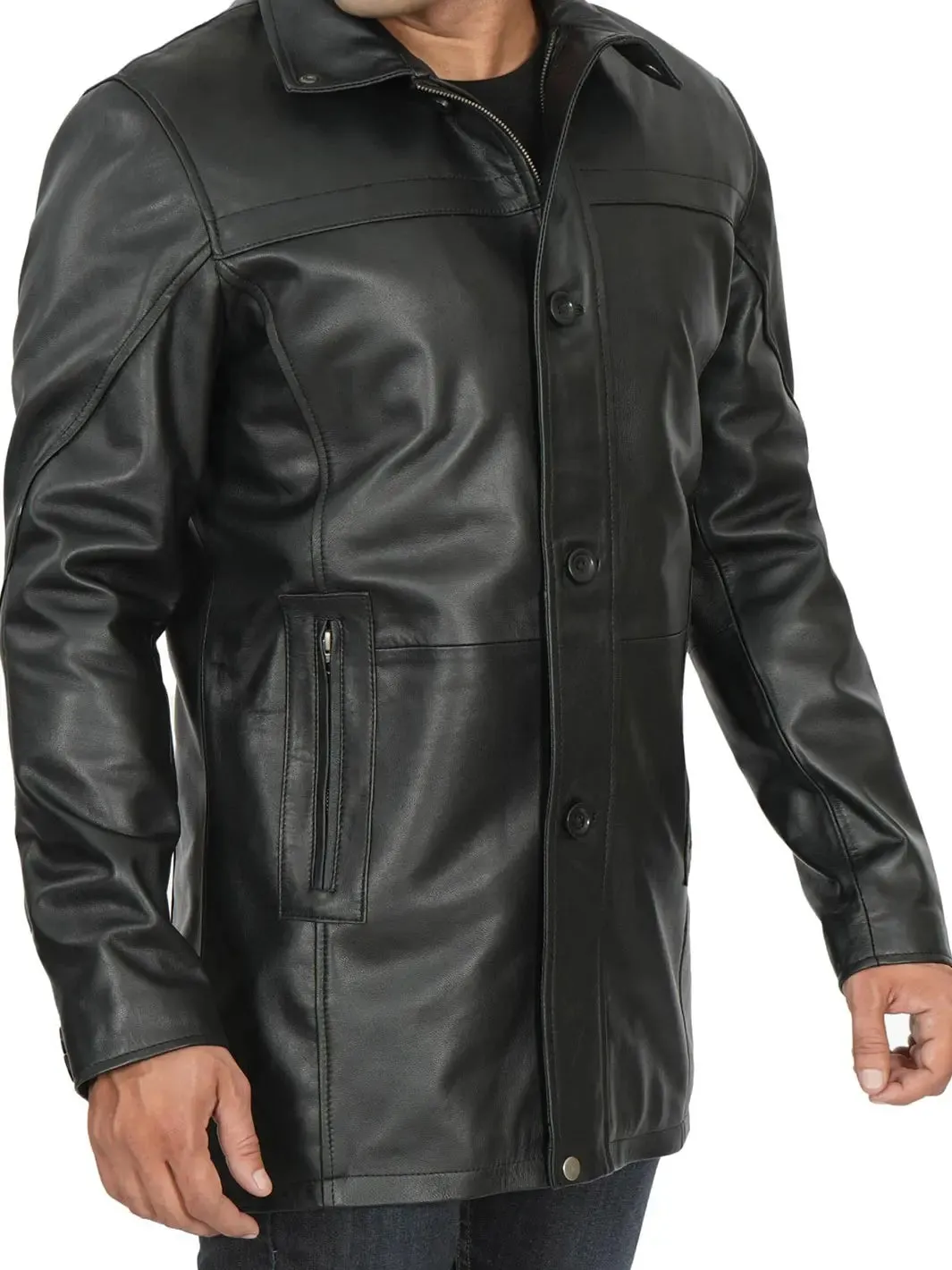 Bristol Mens Black Real Leather Car Coat