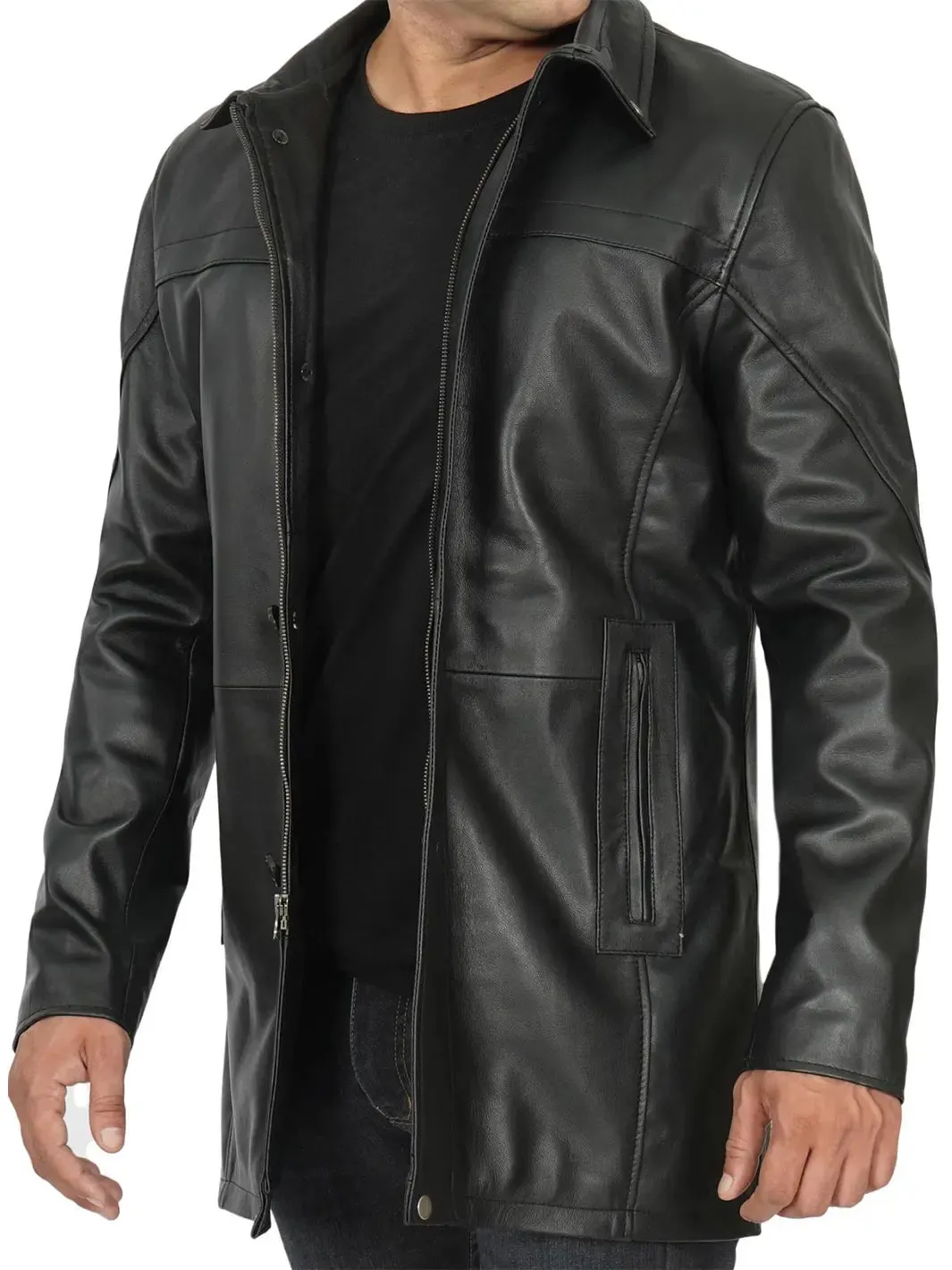 Bristol Mens Black Real Leather Car Coat