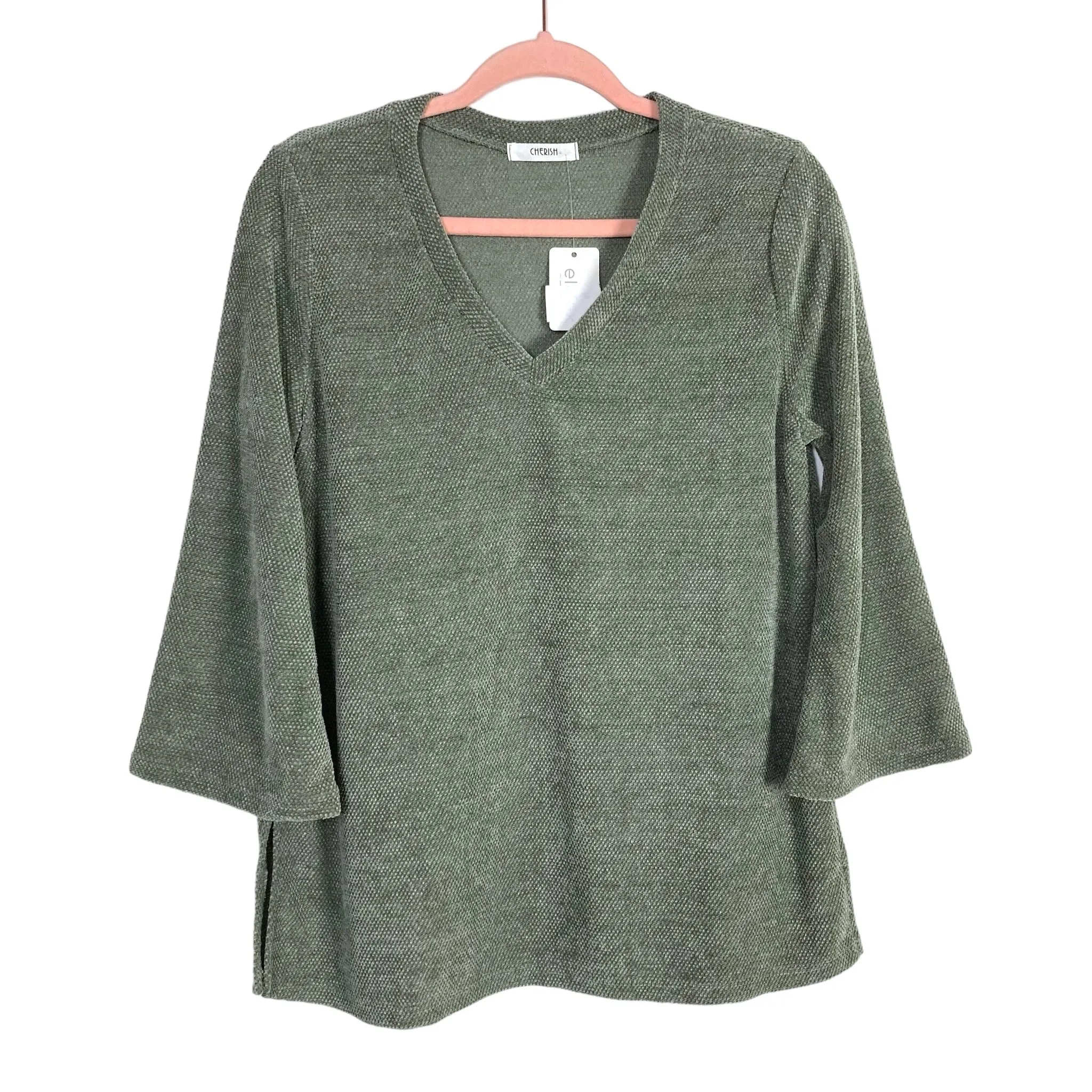 Cherish Olive Chenille 3/4 Sleeve V-Neck Tunic Sweater NWT- Size S