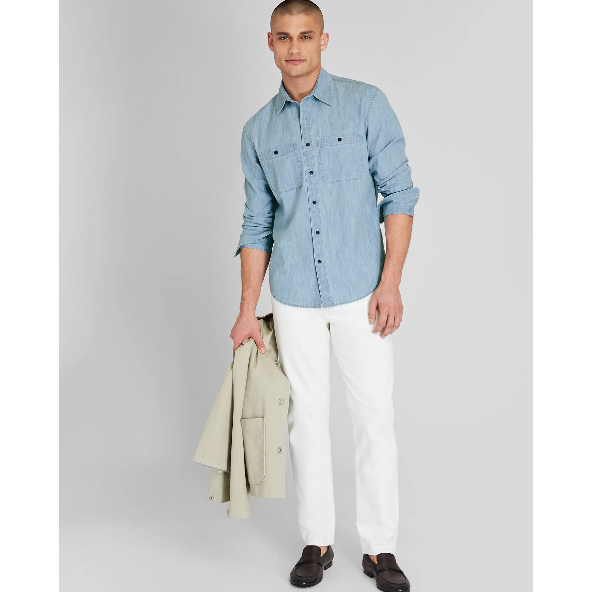 Club Monaco Men Long Sleeve Button Down Chambray Workshirt