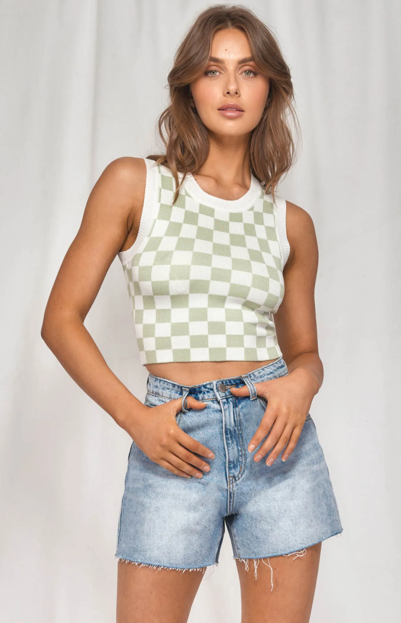 Contrast Rib Checkered Knit Tank Top (WKN324) 