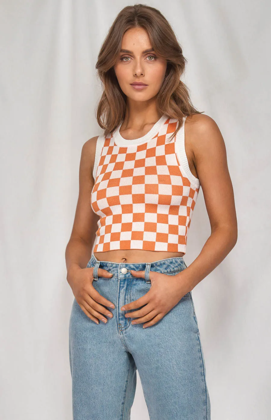 Contrast Rib Checkered Knit Tank Top (WKN324) 