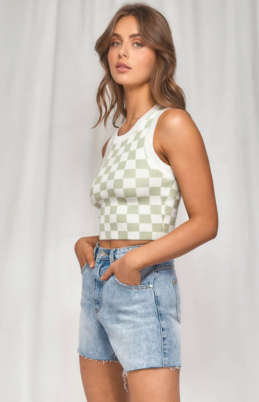 Contrast Rib Checkered Knit Tank Top (WKN324) 