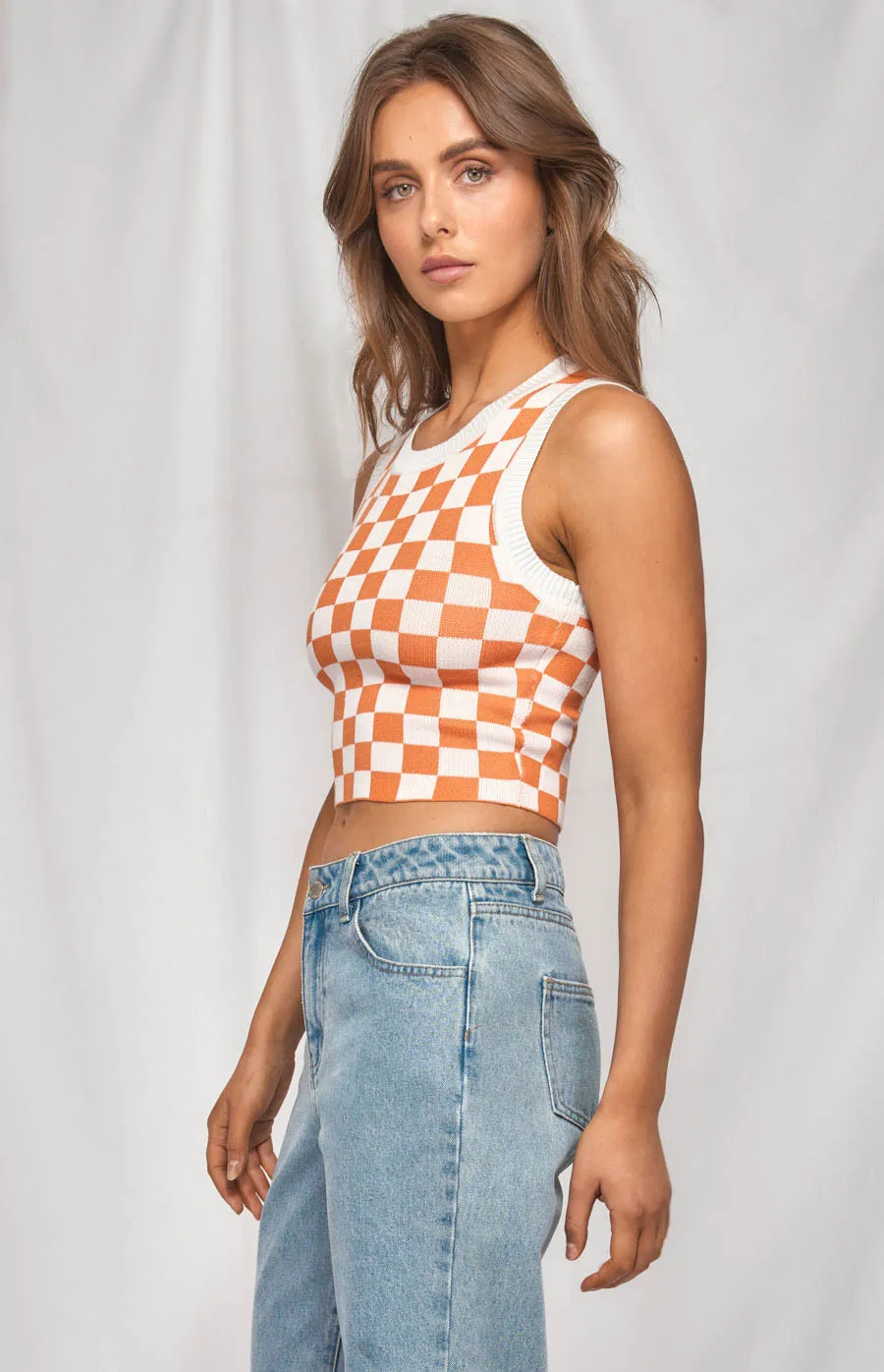 Contrast Rib Checkered Knit Tank Top (WKN324) 