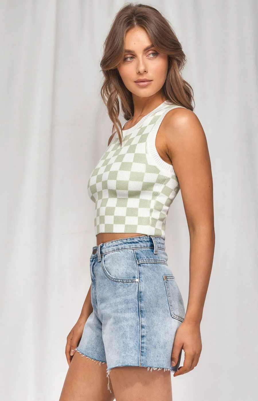 Contrast Rib Checkered Knit Tank Top (WKN324) 