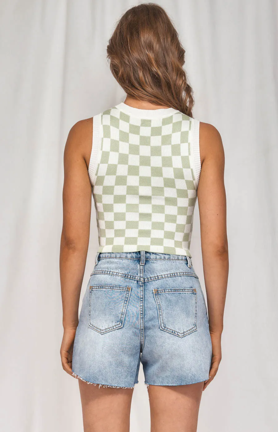 Contrast Rib Checkered Knit Tank Top (WKN324) 