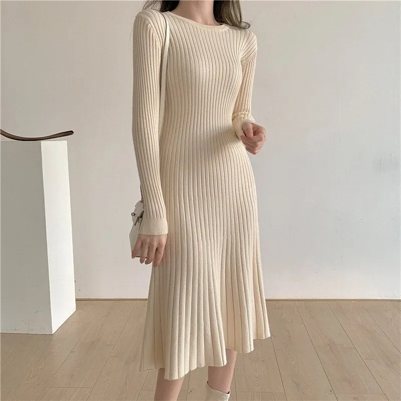 Crew Neck Long Sleeve Elegant Ribbed Knitted Dress Chic Sexy Bodycon Dress