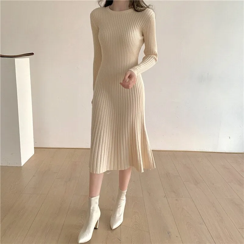 Crew Neck Long Sleeve Elegant Ribbed Knitted Dress Chic Sexy Bodycon Dress