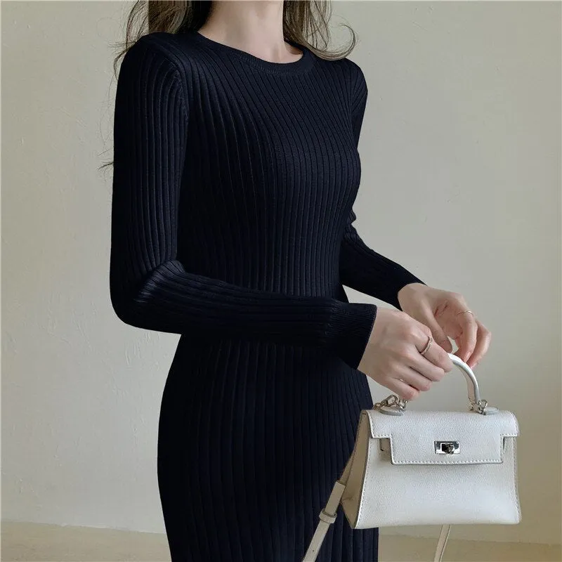 Crew Neck Long Sleeve Elegant Ribbed Knitted Dress Chic Sexy Bodycon Dress