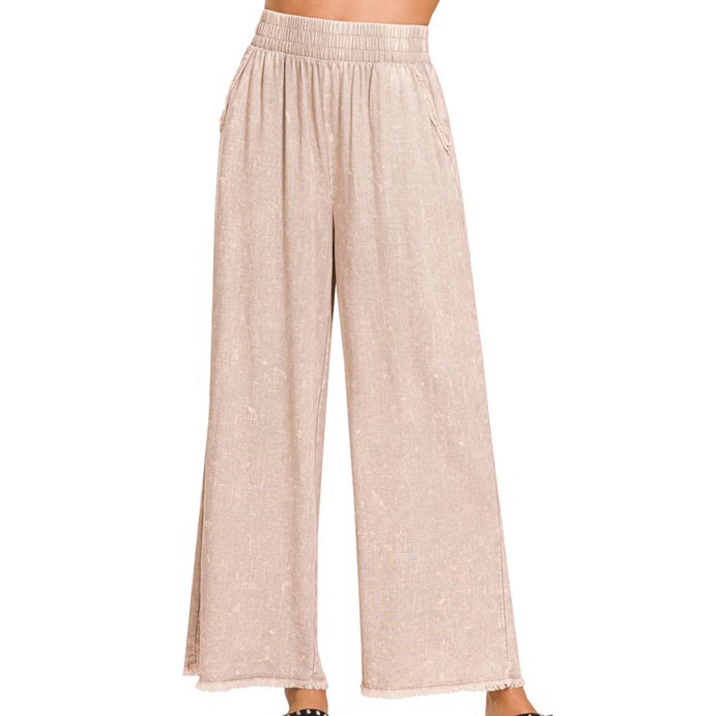 Crushing It Washed Frayed Hem Linen Pants Ash Mocha