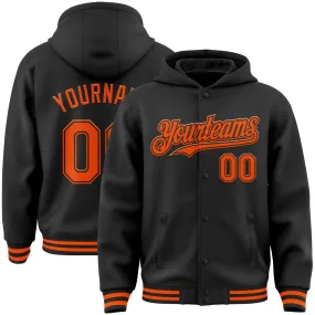 Custom Black Orange Bomber Full-Snap Varsity Letterman Hoodie Jacket