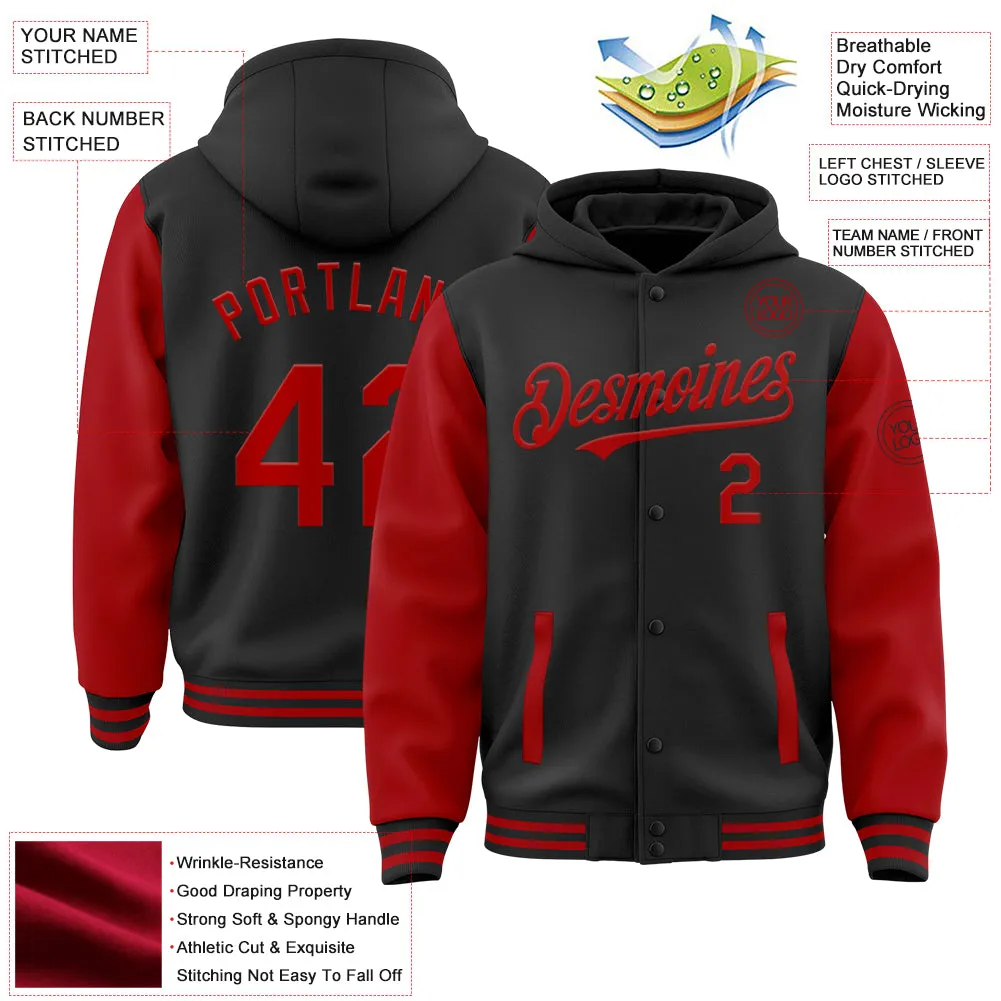 Custom Black Red Bomber Full-Snap Varsity Letterman Two Tone Hoodie Jacket