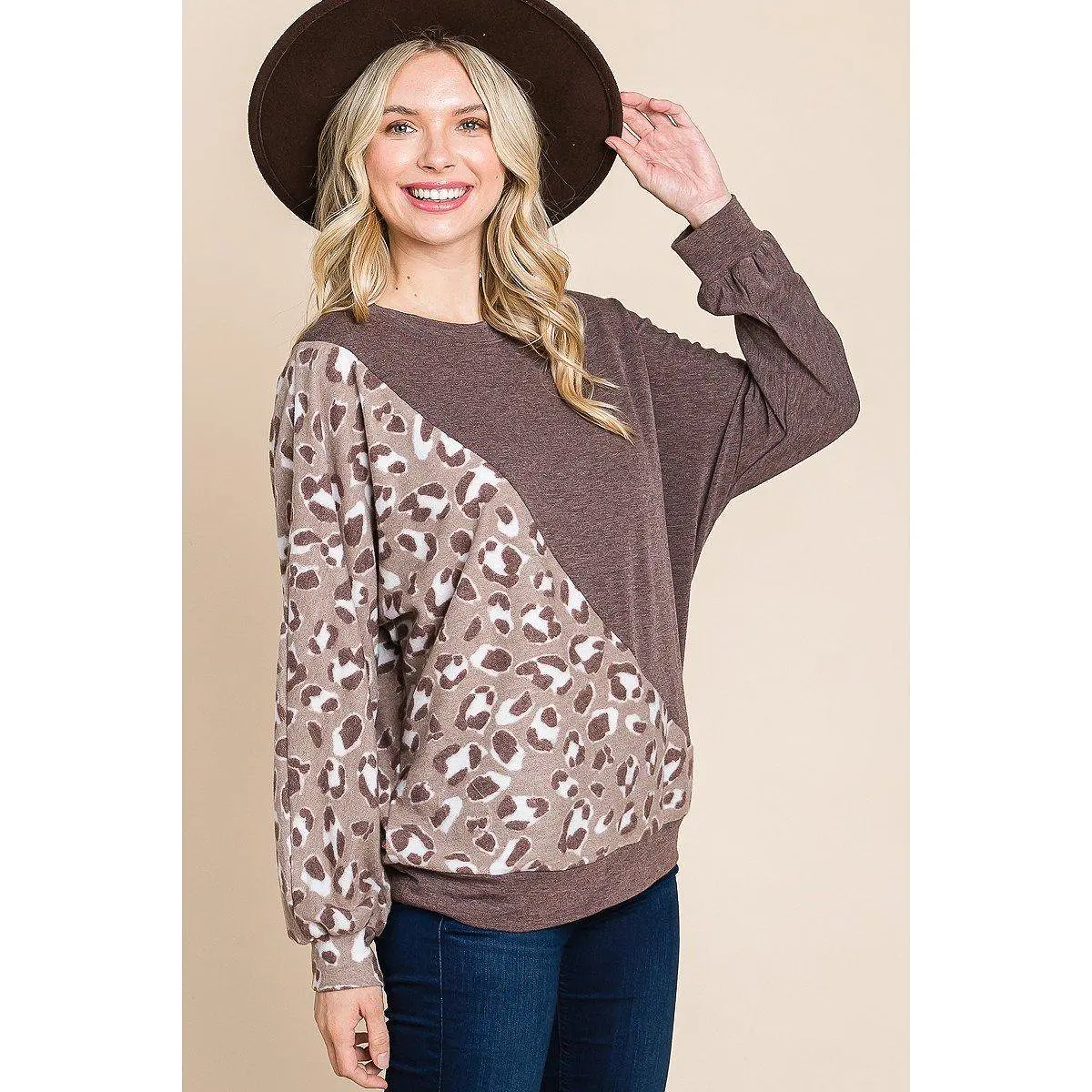 Cute Animal French Terry Brush Contrast Print Pullover With Cuff Detail