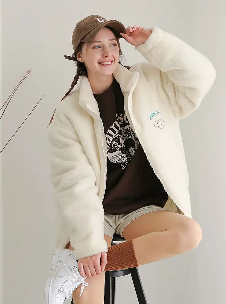 Cute Shearling Jackets Womens Girls Korean Style Outerwear Coats Winter Fleece Warm Loose Fit Mock Neck Zipup Cozy Ivory Black