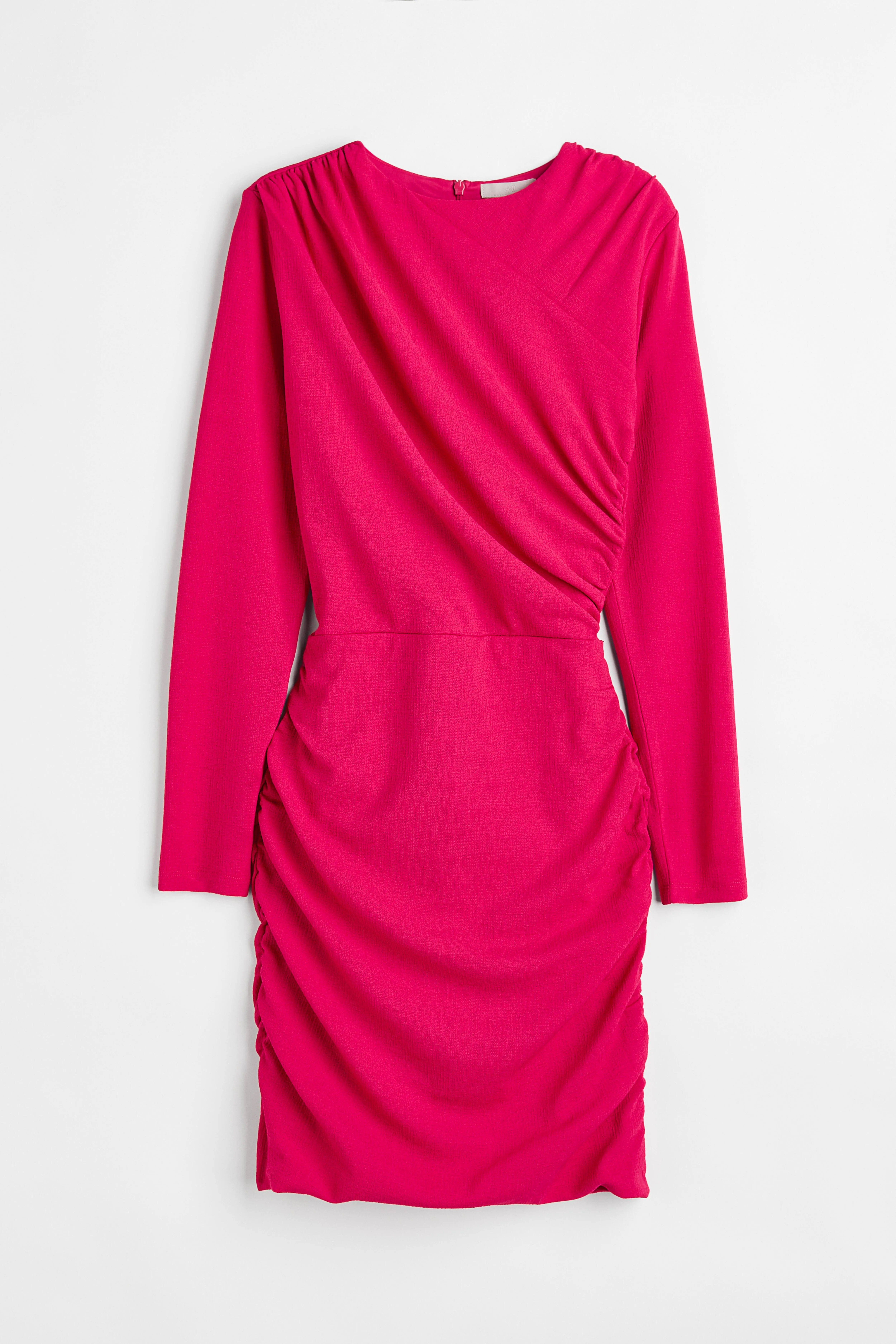 Draped bodycon dress - Round neck - Long sleeve - Cerise - Ladies | H&M GB