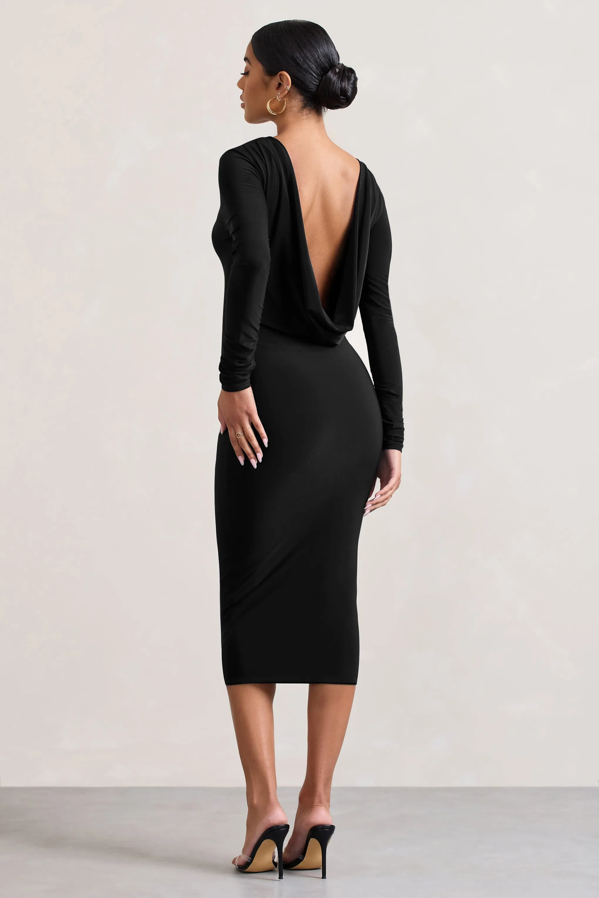 Dynasty Darling | Black Cowl-Back Long-Sleeved Bodycon Midi Dress