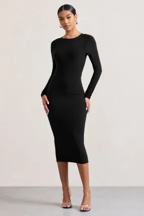 Dynasty Darling | Black Cowl-Back Long-Sleeved Bodycon Midi Dress