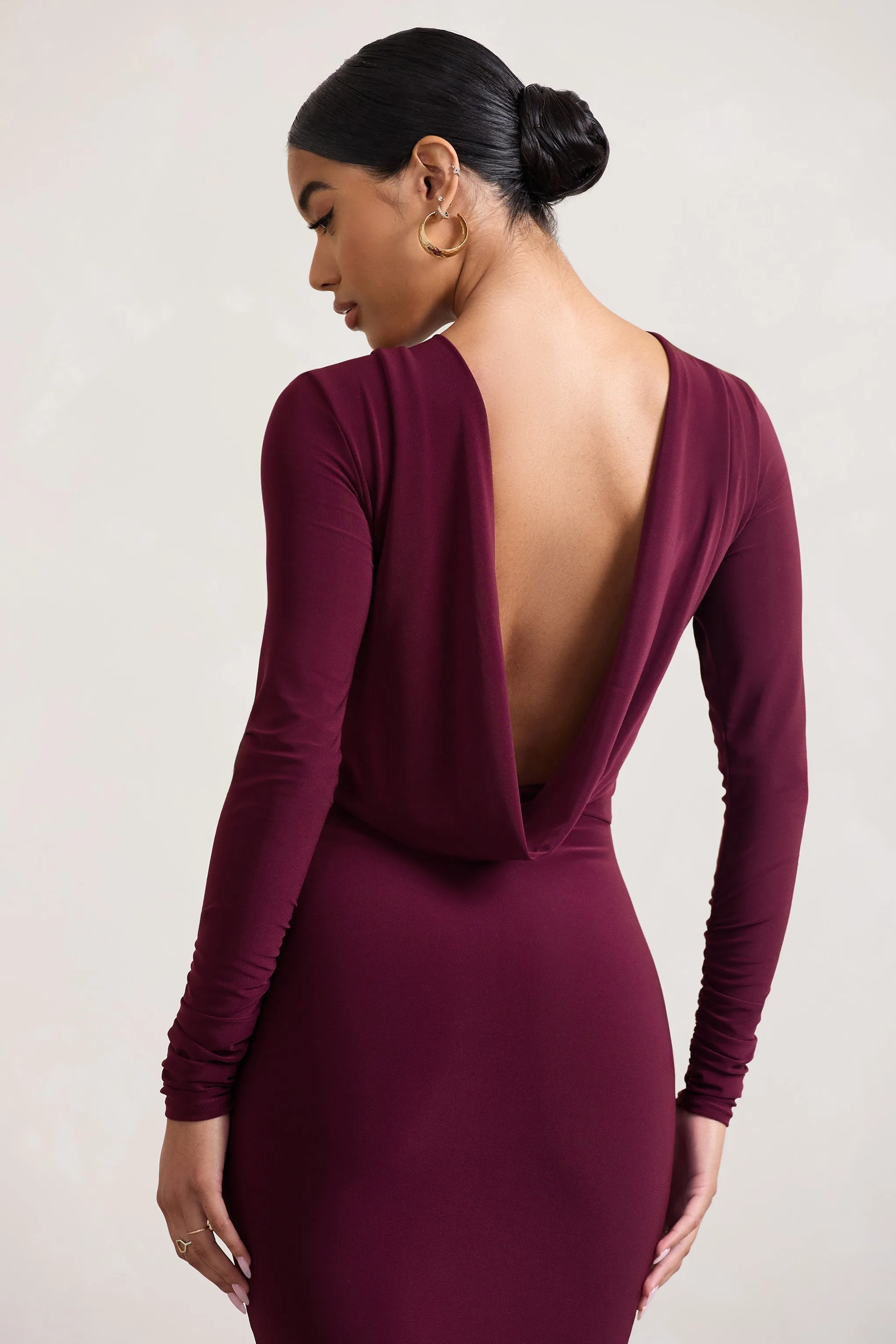 Dynasty Darling | Burgundy Cowl-Back Long-Sleeved Bodycon Midi Dress