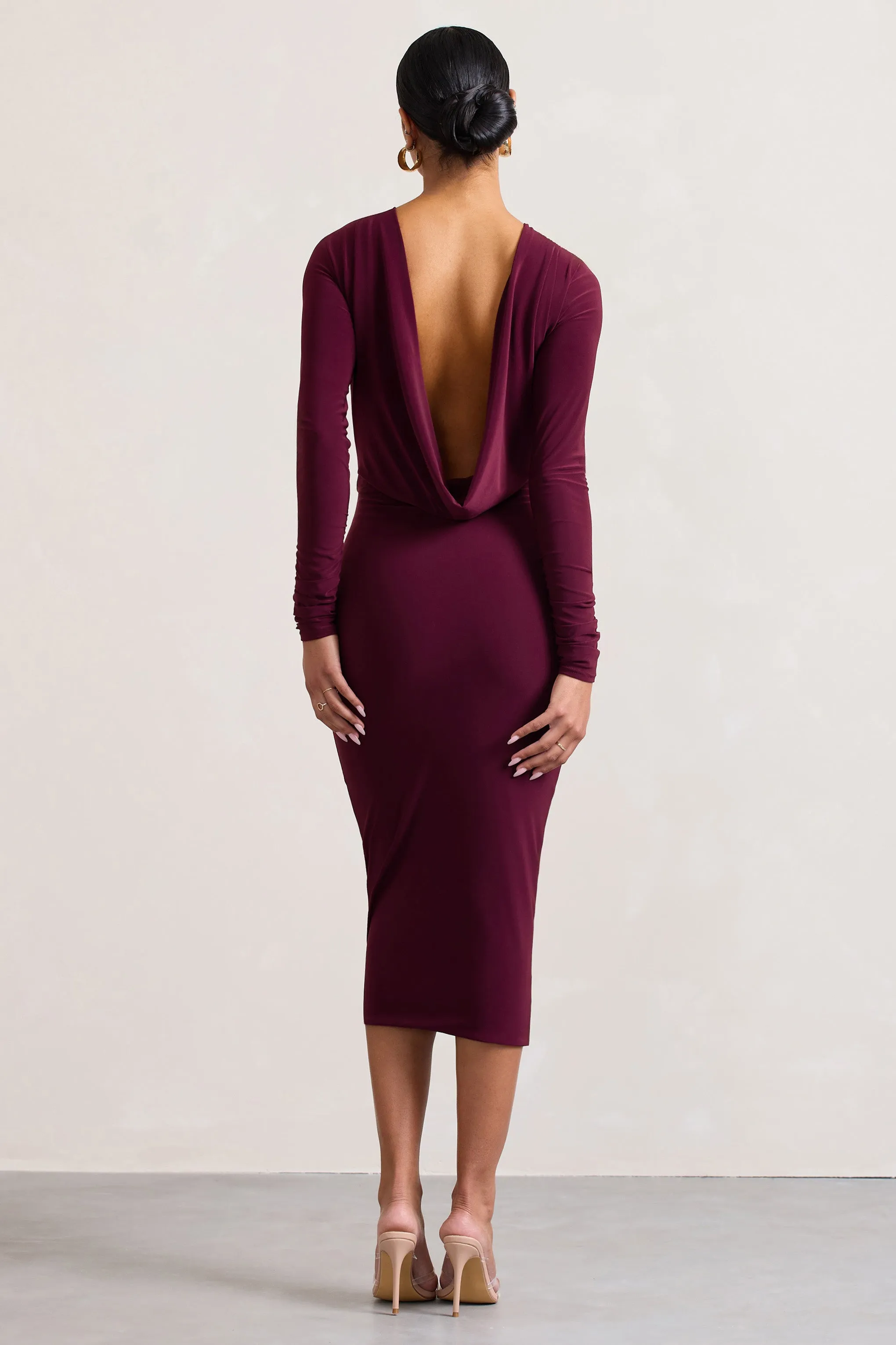 Dynasty Darling | Burgundy Cowl-Back Long-Sleeved Bodycon Midi Dress